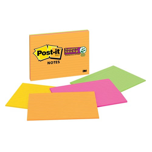 Post-It Note 203x152 6845-Sspl Super Sticky Neon Lined 4 Pack